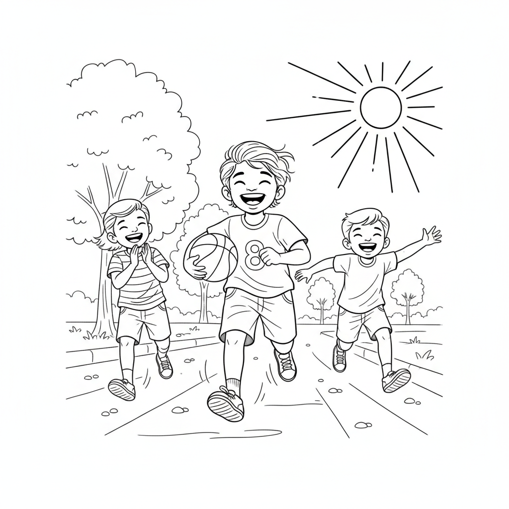 Line art of joyful Indian kids running happily with a basketball on a street, with friends running alongside.