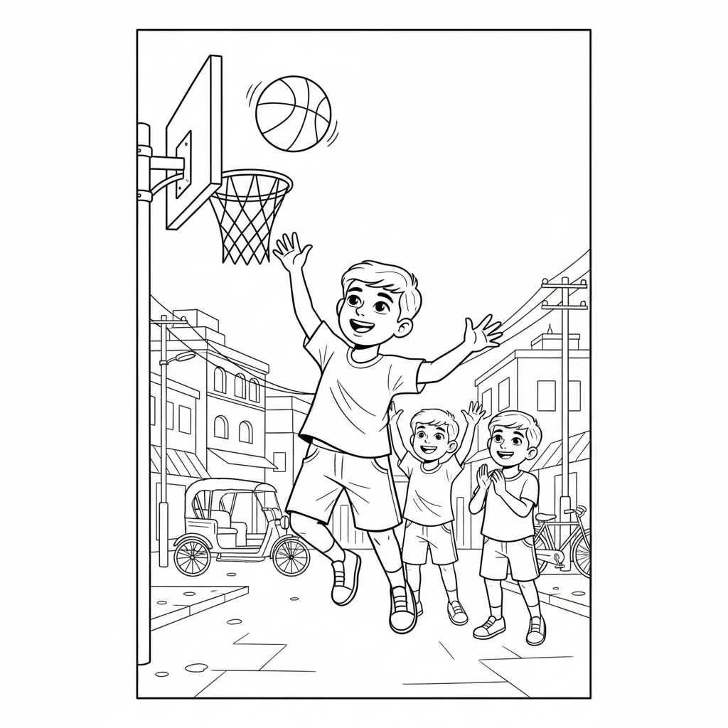 Line art of a joyful Indian boy jumping to shoot a basketball, with friends cheering in the background.