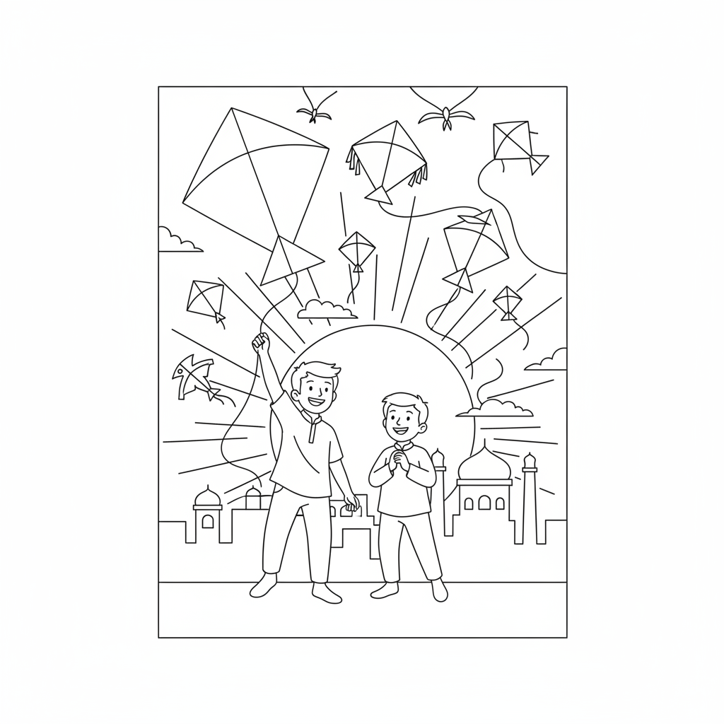 Line art of Indian boys flying kites during an Indian city sunset, highlighting joyful moments, for coloring.