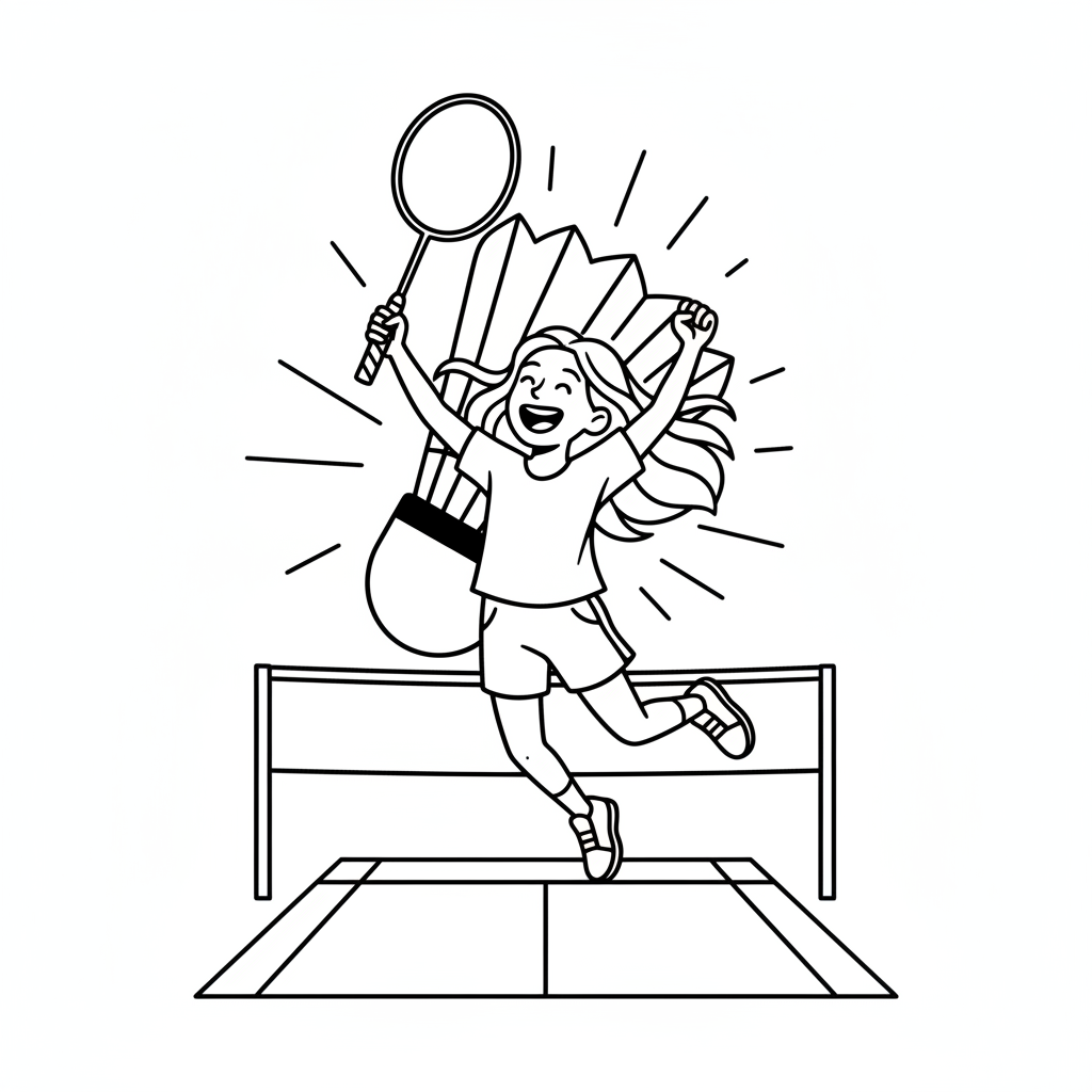 Line art outline of a joyous young girl badminton winner raising her racket.