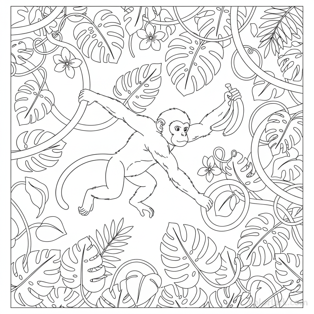 Black and white line art of a strong jungle monkey grabbing a banana from a cluster while jumping between thick vines.