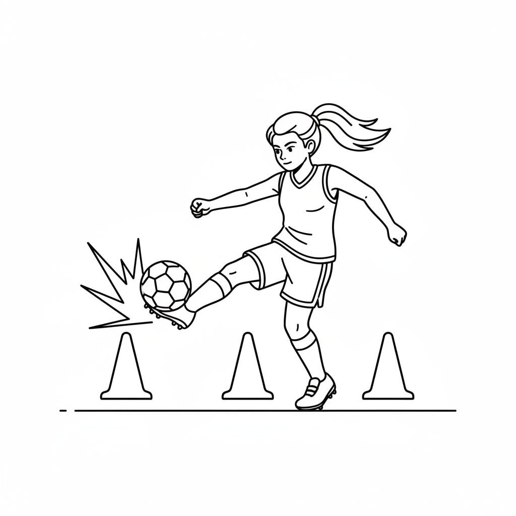 Line art of a junior girl performing a power strike in soccer.
