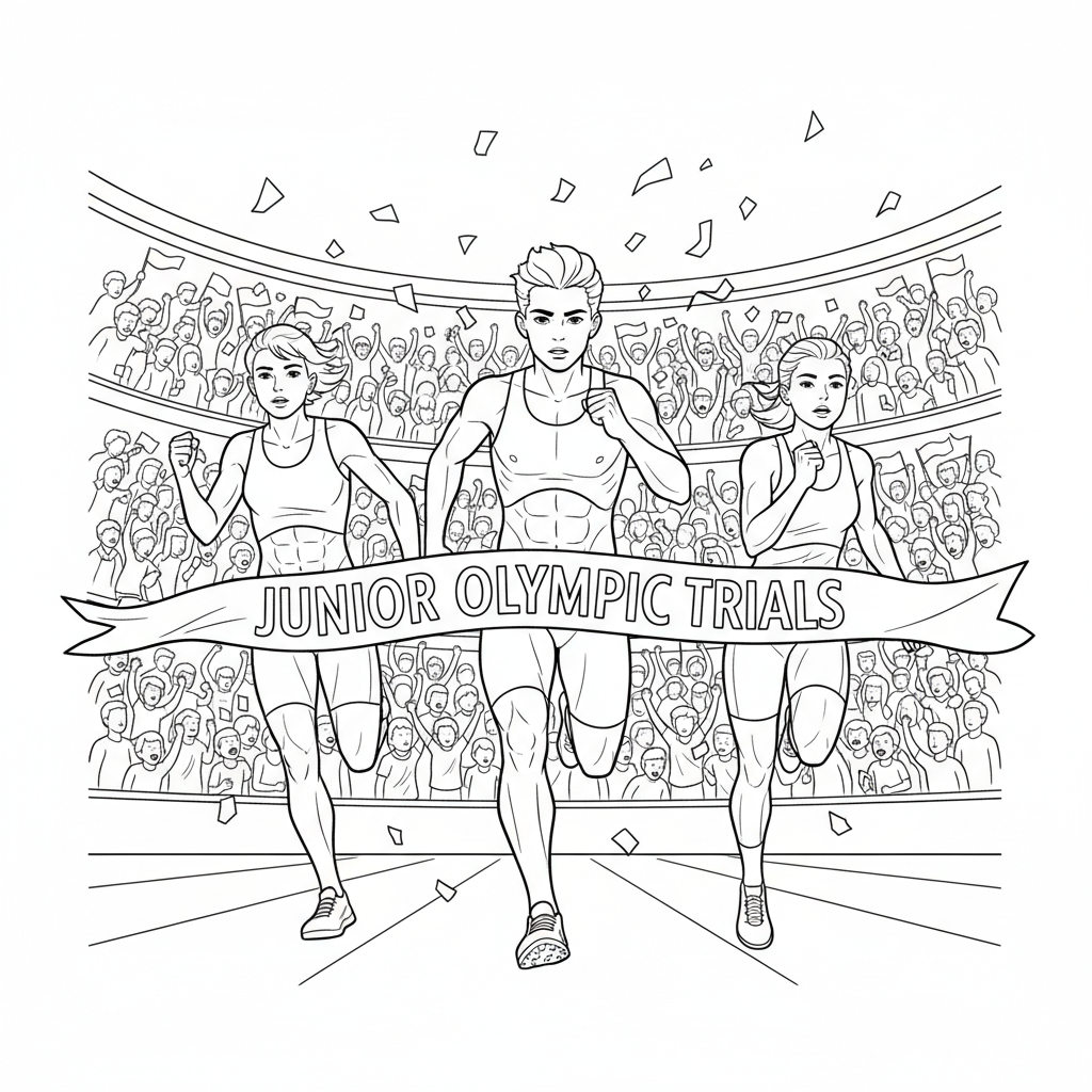 Line art of junior Olympic hopefuls sprinting to a finish line with a large, cheering stadium crowd