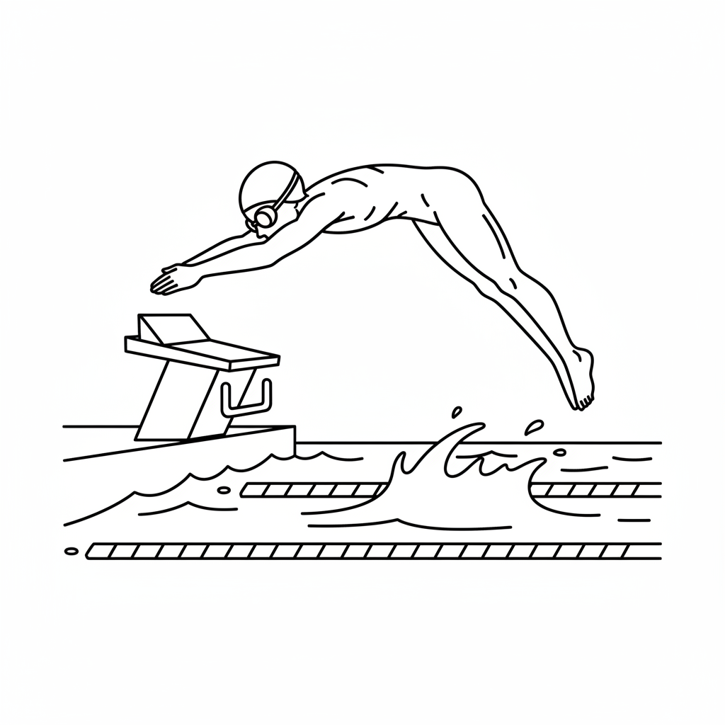 Black and white line art of a junior swimmer in a powerful dive form over a swimming pool during a race.