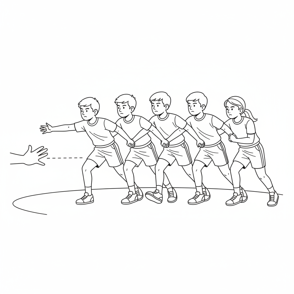 Line art of an Indian kids' kabaddi defense chain responding to an approaching raider, shifting as a unit while maintaining their hand-hold.