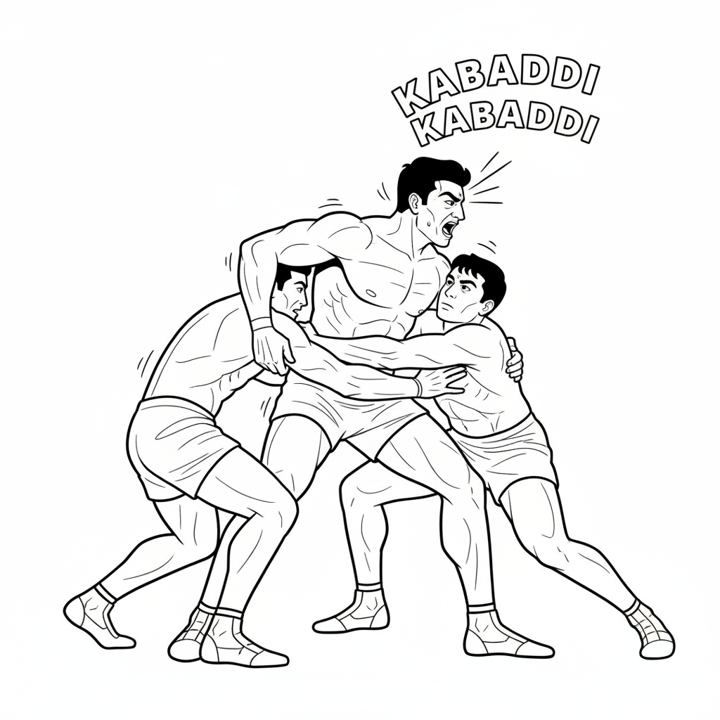 Black and white line art of an Indian Kabaddi player escaping a chain tackle while chanting 'Kabaddi Kabaddi'.