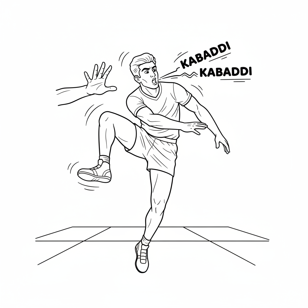 Black and white line art of an Indian Kabaddi player evading a tackle and chanting 'Kabaddi Kabaddi'.