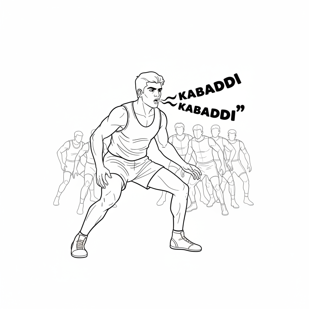 Black and white line art of an Indian Kabaddi player chanting and observing defenders.