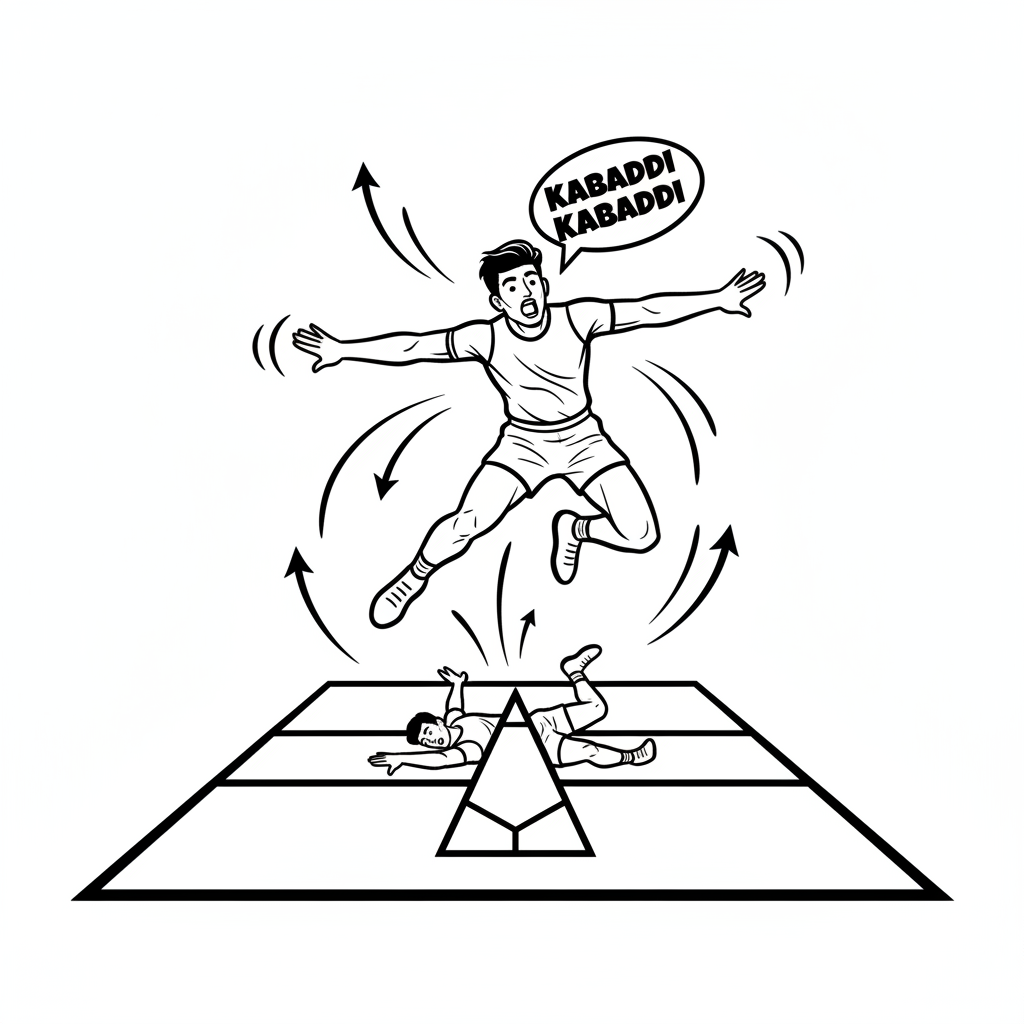 Black and white line art of an Indian Kabaddi player in a dramatic leap, chanting 'Kabaddi Kabaddi'.