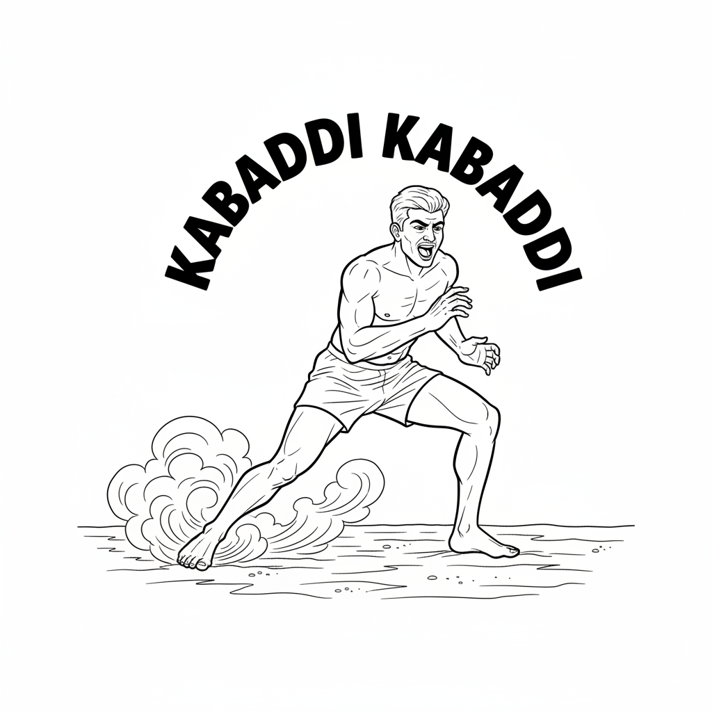 Black and white line art of an Indian Kabaddi player in a dust cloud, chanting 'Kabaddi Kabaddi'.