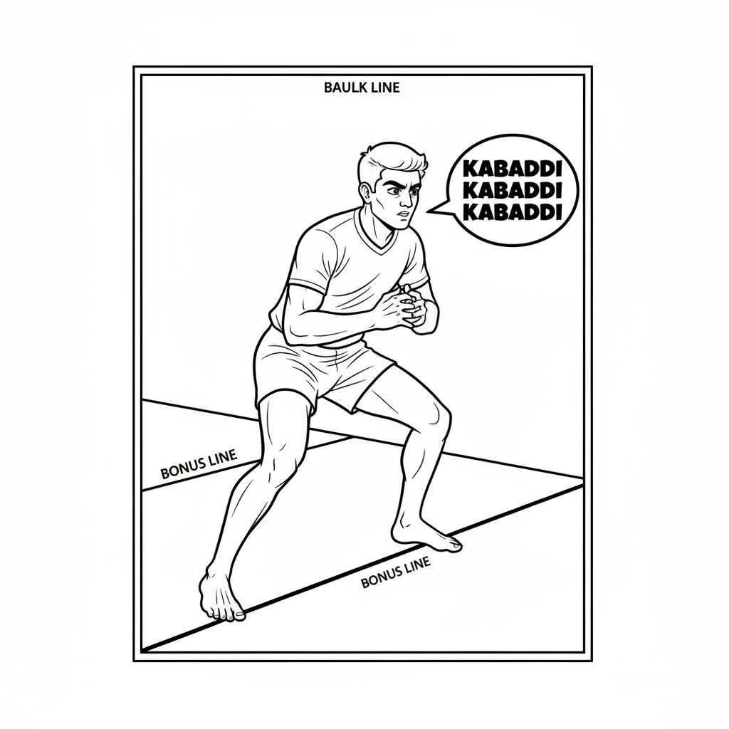 Black and white line art of an Indian Kabaddi player in anticipation, chanting 'Kabaddi Kabaddi' before a raid.