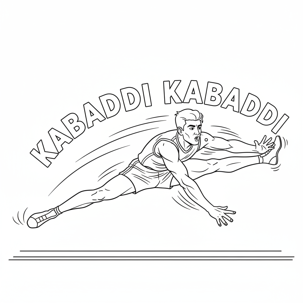 Black and white line art of an Indian Kabaddi player in full extension, chanting 'Kabaddi Kabaddi'.