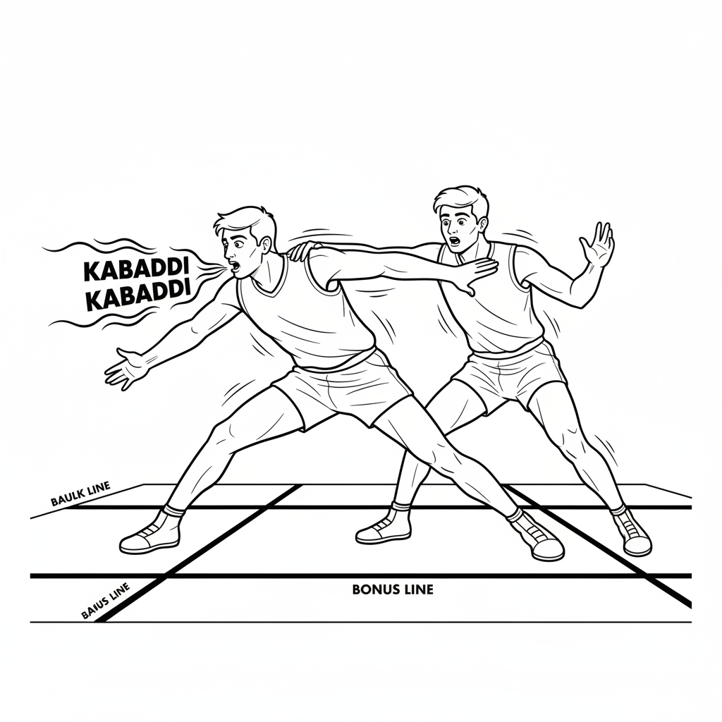 Black and white line art of an Indian Kabaddi player initiating contact, chanting 'Kabaddi Kabaddi'.