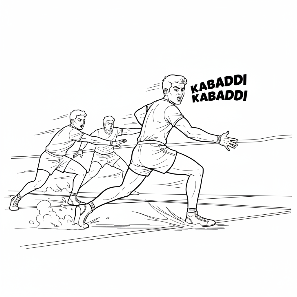 Black and white line art of an Indian Kabaddi player making a swift retreat, chanting 'Kabaddi Kabaddi'.