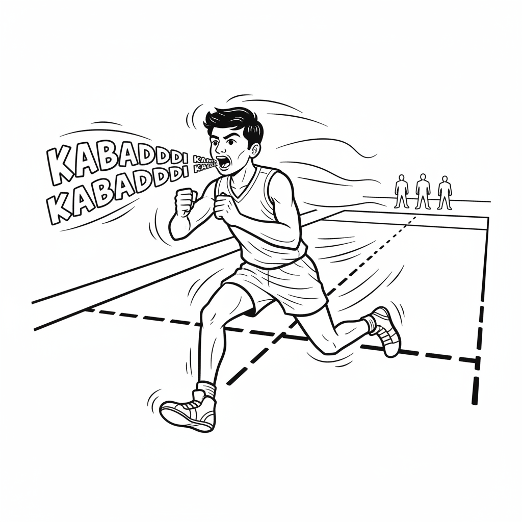 Black and white line art of an Indian Kabaddi player sprinting and chanting 'Kabaddi Kabaddi'.