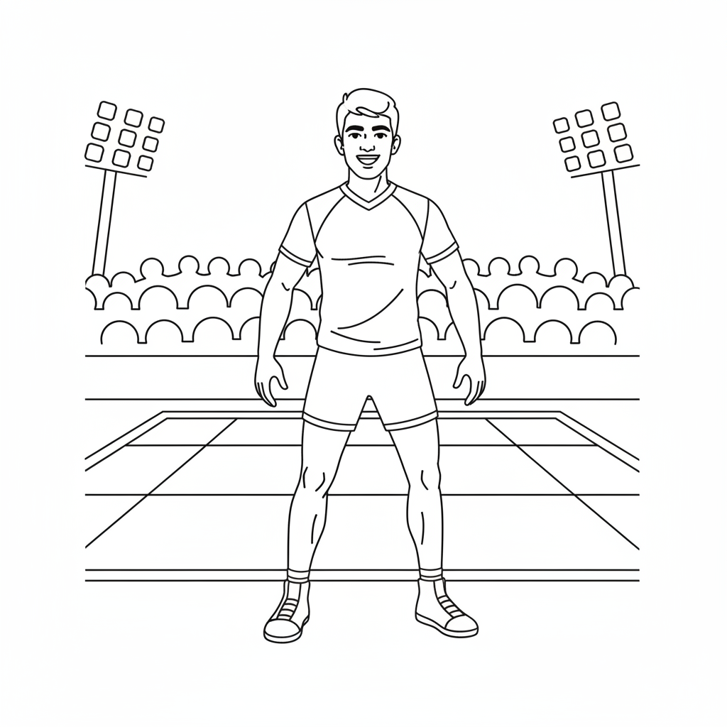 Black and white line art of an Indian Kabaddi player with a confident smile, chanting 'Kabaddi Kabaddi'.