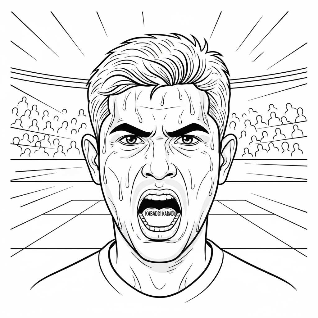 Black and white line art of an Indian Kabaddi player with a determined grimace, chanting 'Kabaddi Kabaddi'.