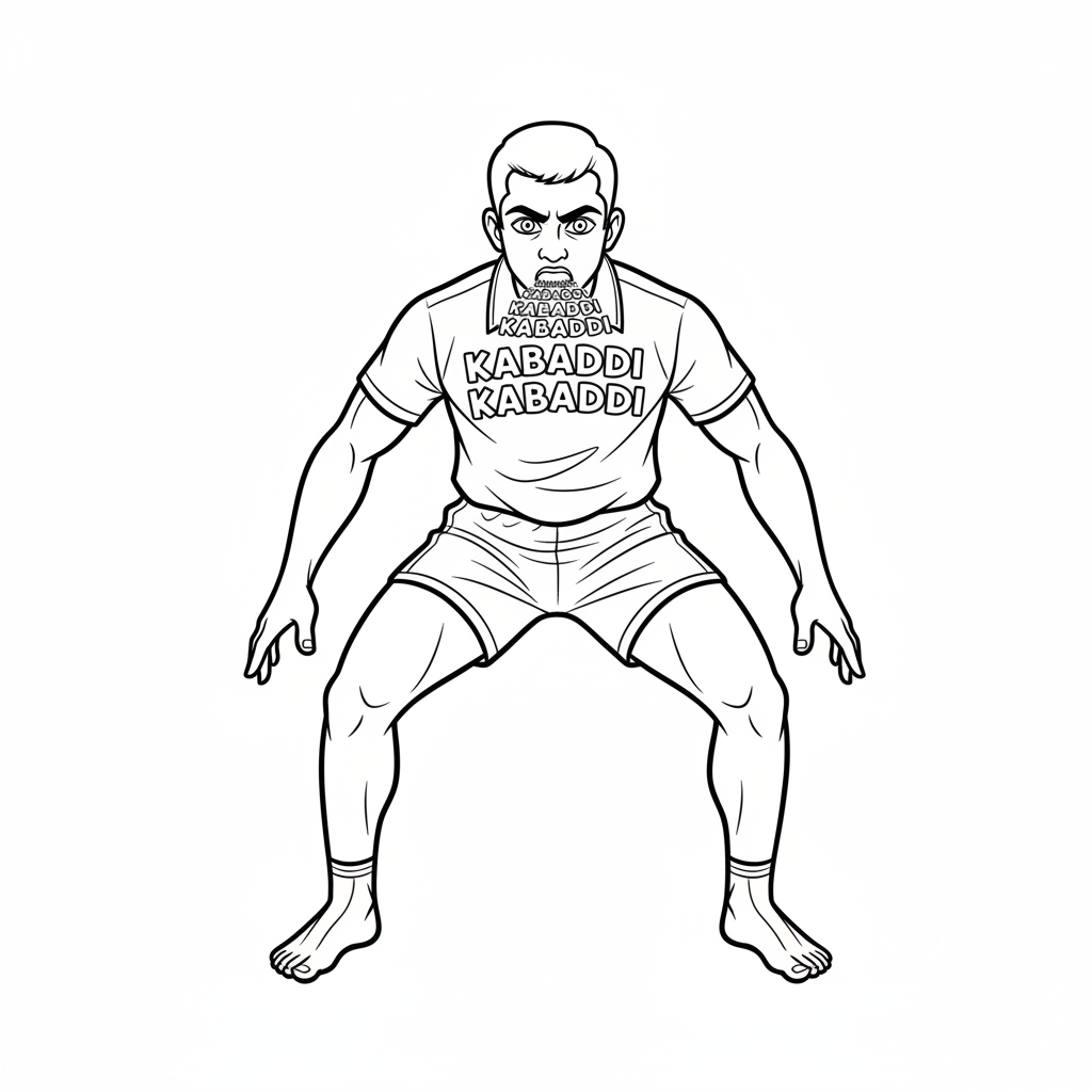 Black and white line art of an Indian Kabaddi player with a focused gaze, chanting 'Kabaddi Kabaddi'.