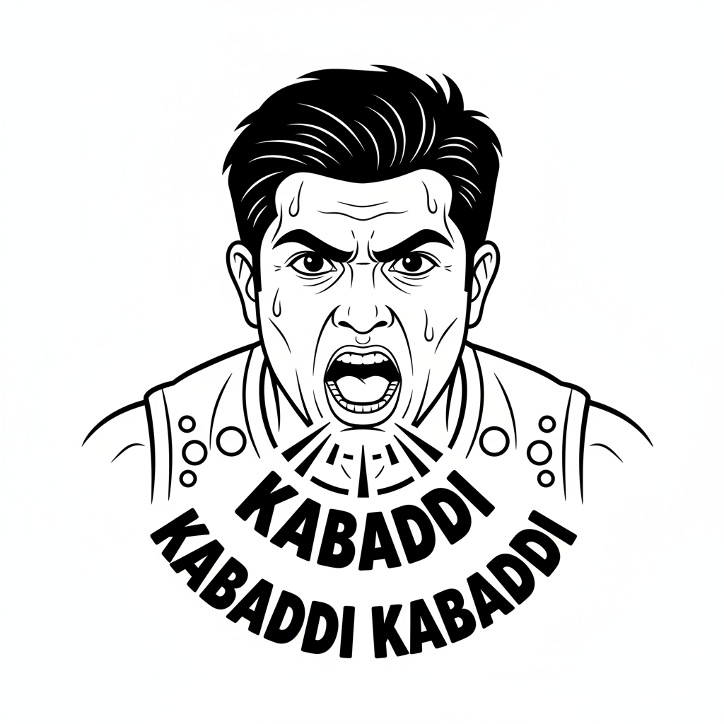 Black and white line art of an Indian Kabaddi player with an intense 'game face', chanting 'Kabaddi Kabaddi'.