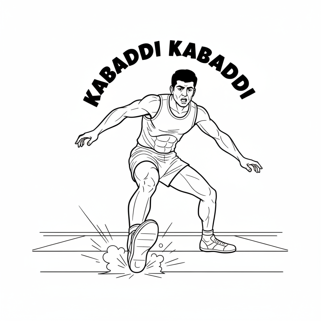 Black and white line art of an Indian Kabaddi player with strong leg drive, chanting 'Kabaddi Kabaddi'.