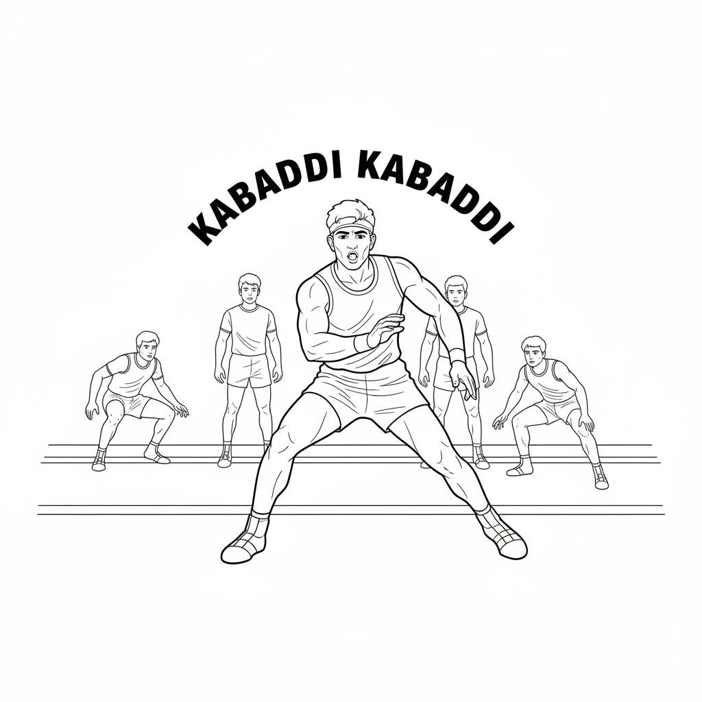 Black and white line art of an Indian Kabaddi player chanting, with teammates in the background.