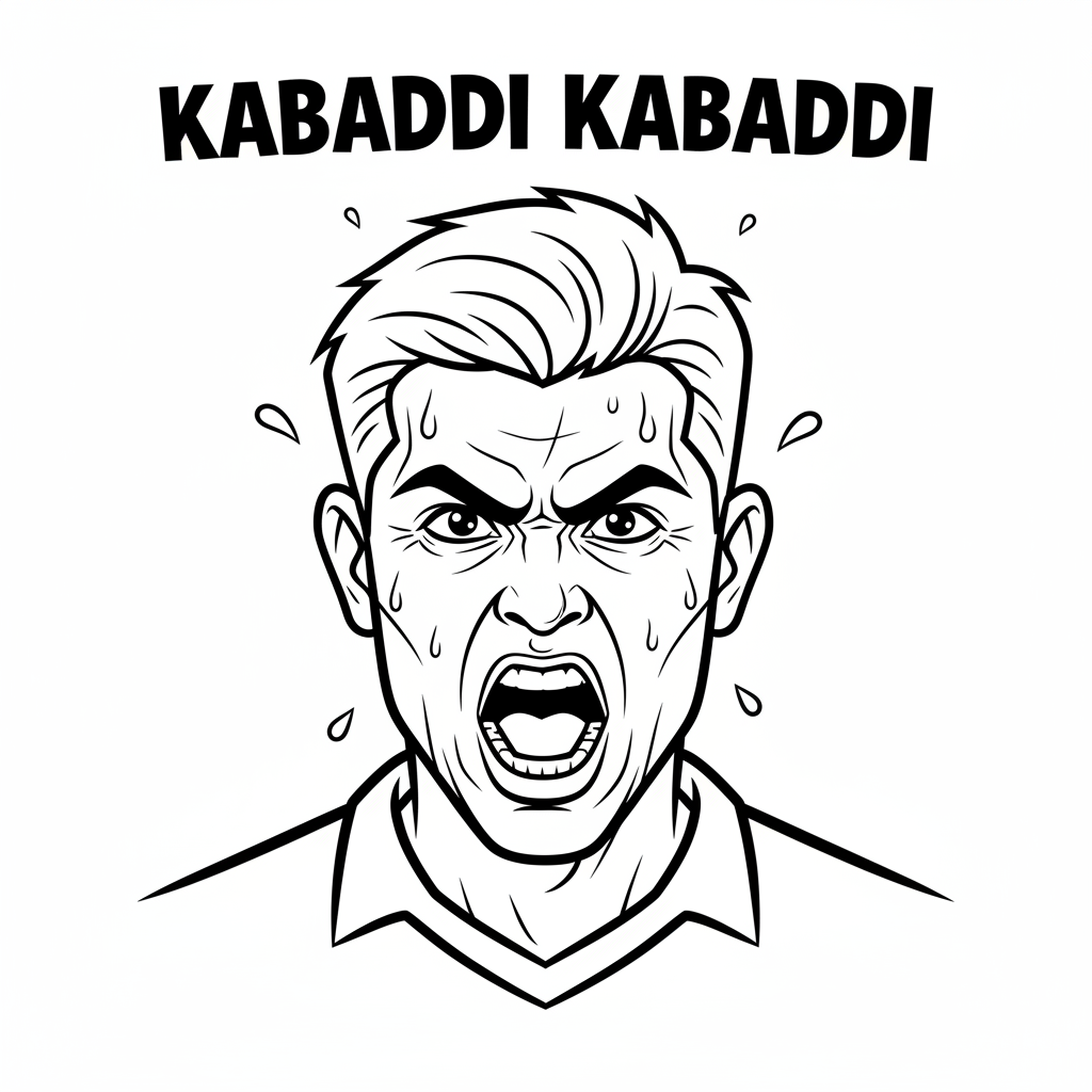 Black and white line art of an Indian Kabaddi player with an intense stare, chanting 'Kabaddi Kabaddi'.