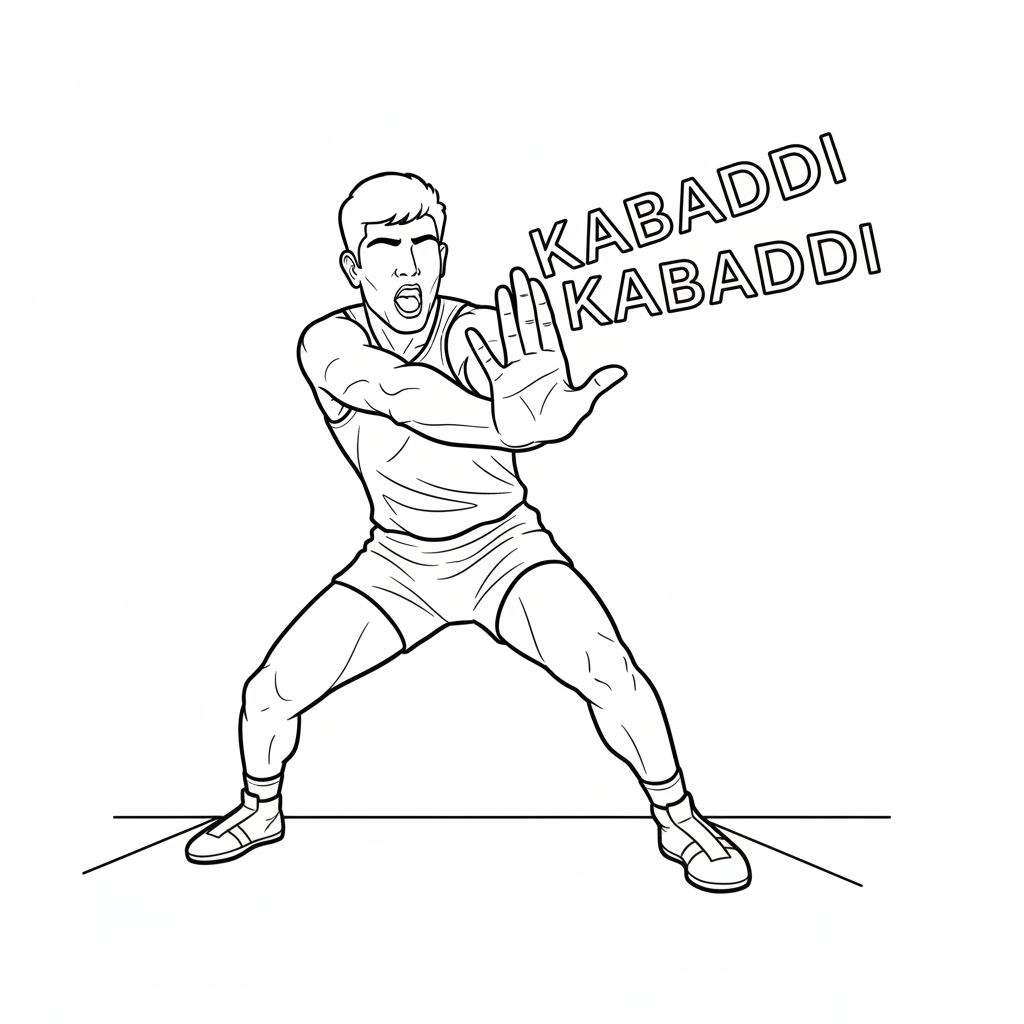 Black and white line art of an Indian Kabaddi player's outstretched arm in detail, chanting 'Kabaddi Kabaddi'.