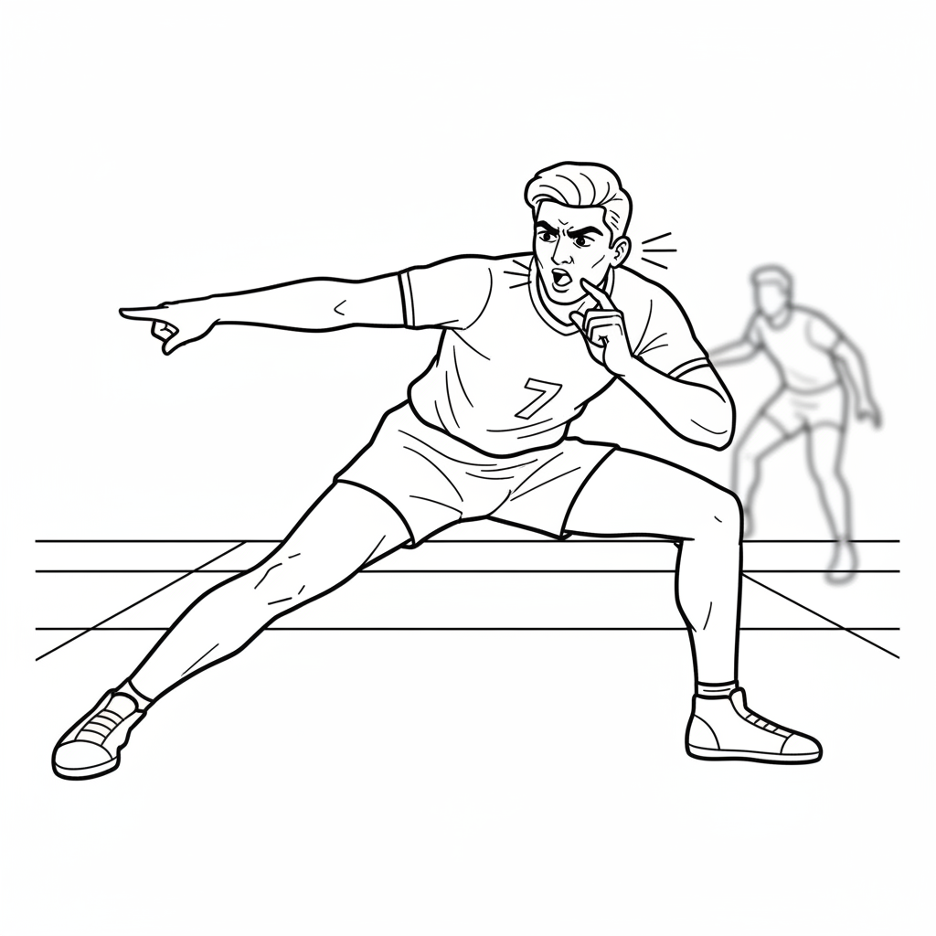 Black and white line art of an Indian Kabaddi raider chanting 'Kabaddi Kabaddi' during a raid.