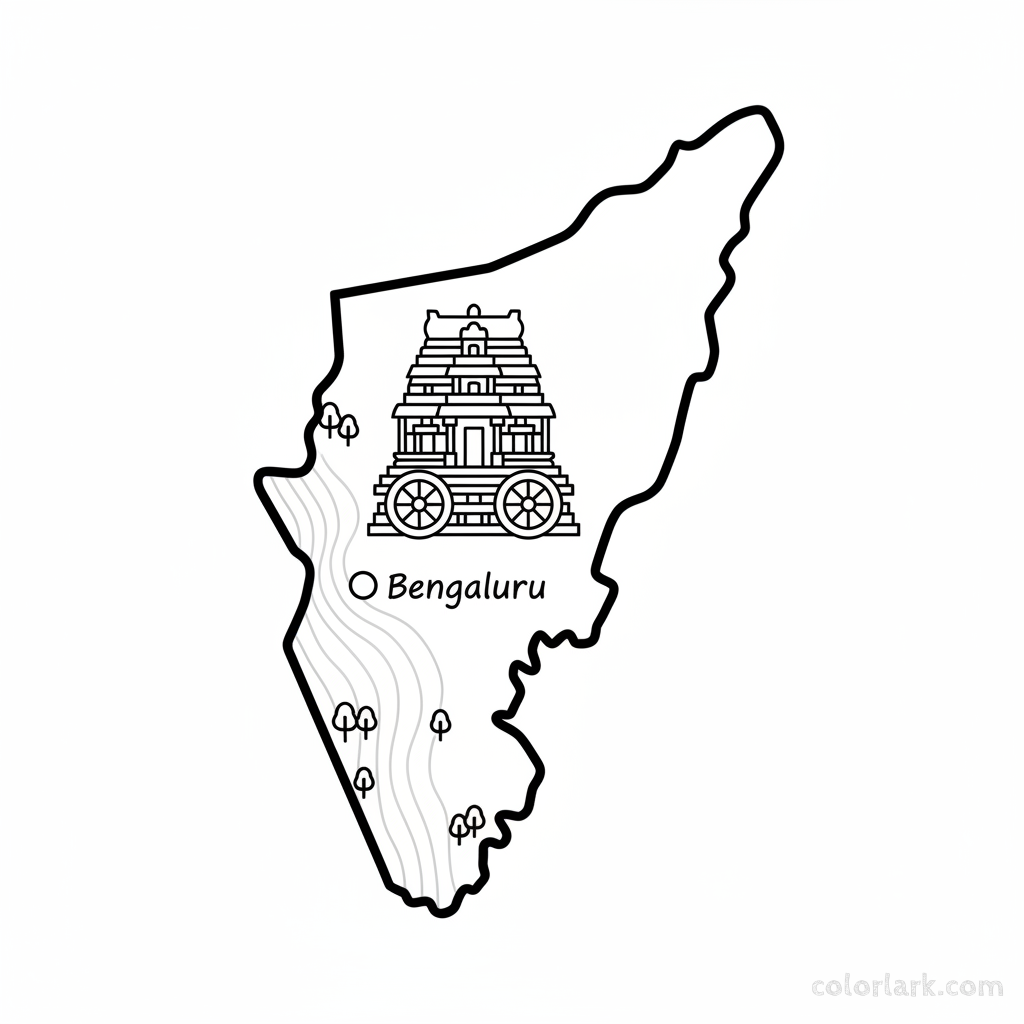 Line art coloring map of Karnataka state, featuring Bengaluru, a simplified Hampi ruins illustration, and Western Ghats.