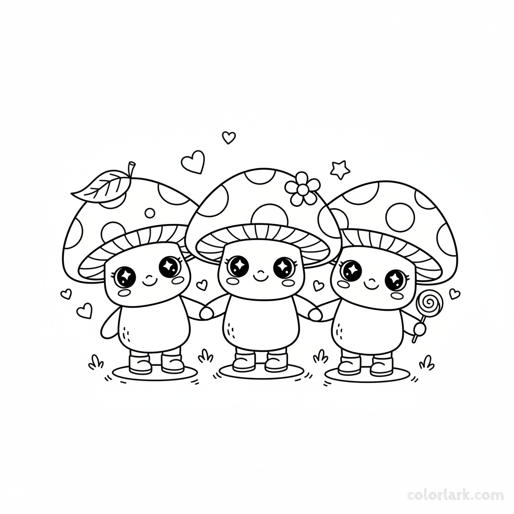 Black and white line art of three adorable kawaii chibi-style mushroom characters with oversized eyes and smiling expressions, for coloring.
