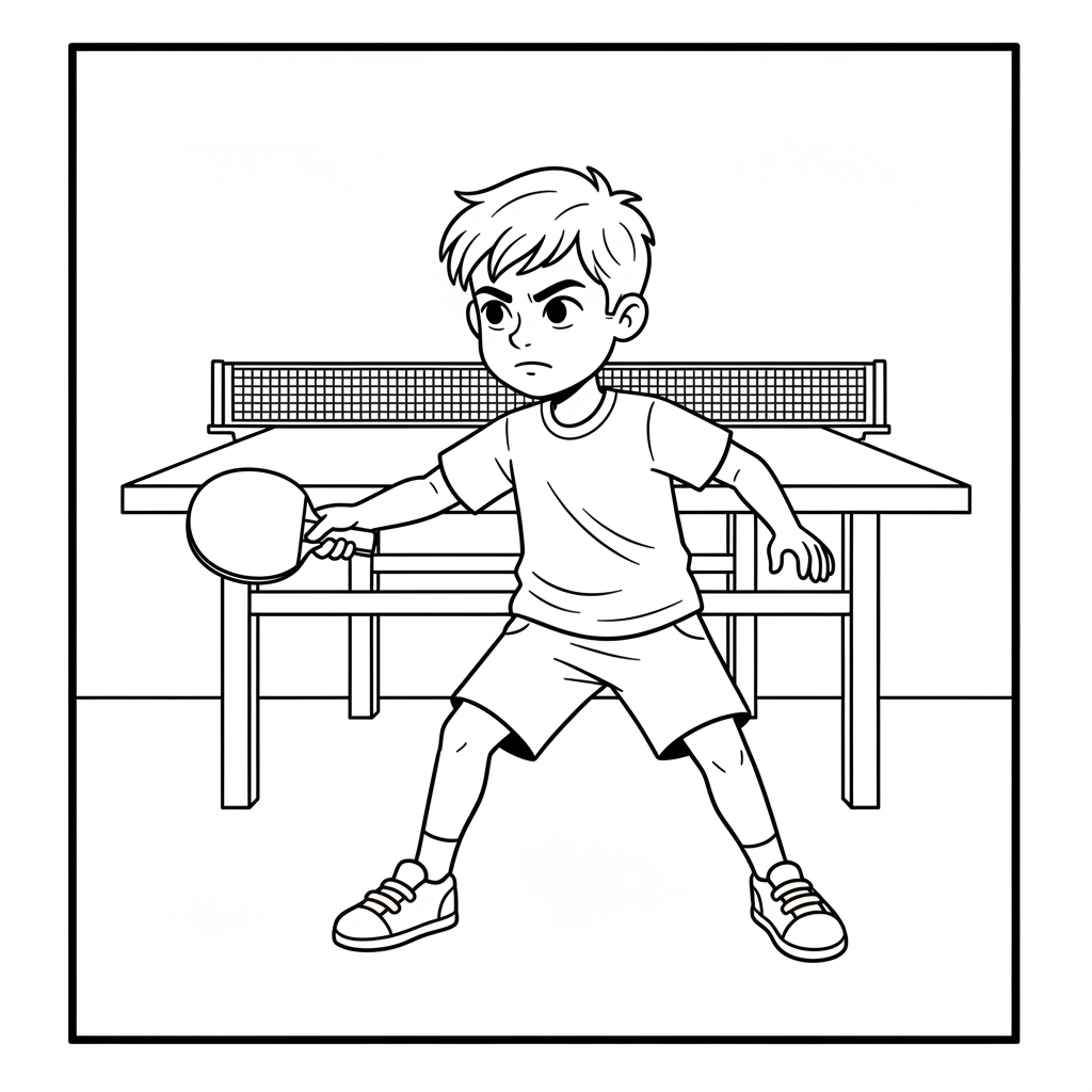 Line art of a keen kid developing his backhand technique in table tennis.