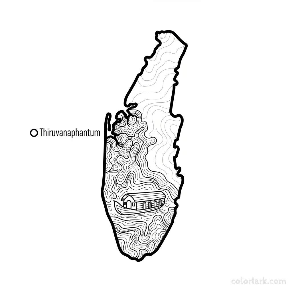Line art coloring map of Kerala state, highlighting its backwaters with a houseboat illustration and capital Thiruvananthapuram.