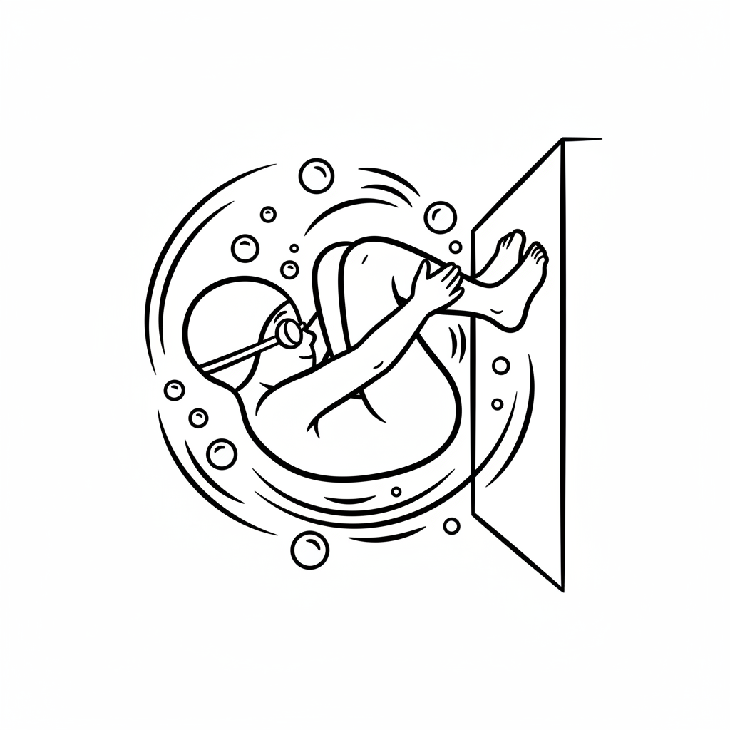 Black and white line art of a child doing a freestyle flip turn underwater in a pool, wearing a swim cap and goggles.