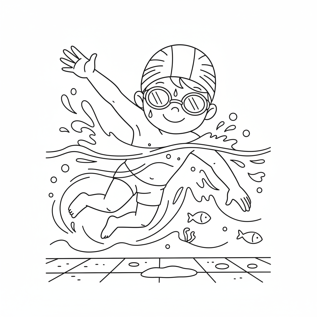 Black and white line art of a child enjoying freestyle swim lessons in a pool, wearing a swim cap and goggles.