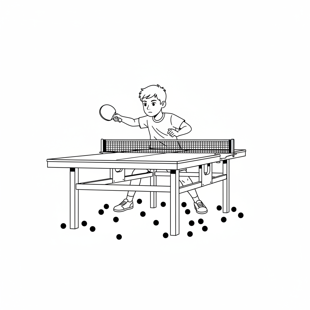 Line art of a kid practicing a backhand loop drill with multiple table tennis balls.