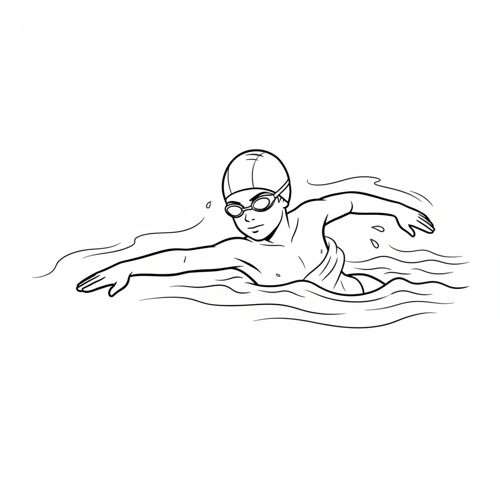 Black and white line art of a child showing good freestyle body rotation in a pool, wearing a swim cap and goggles.