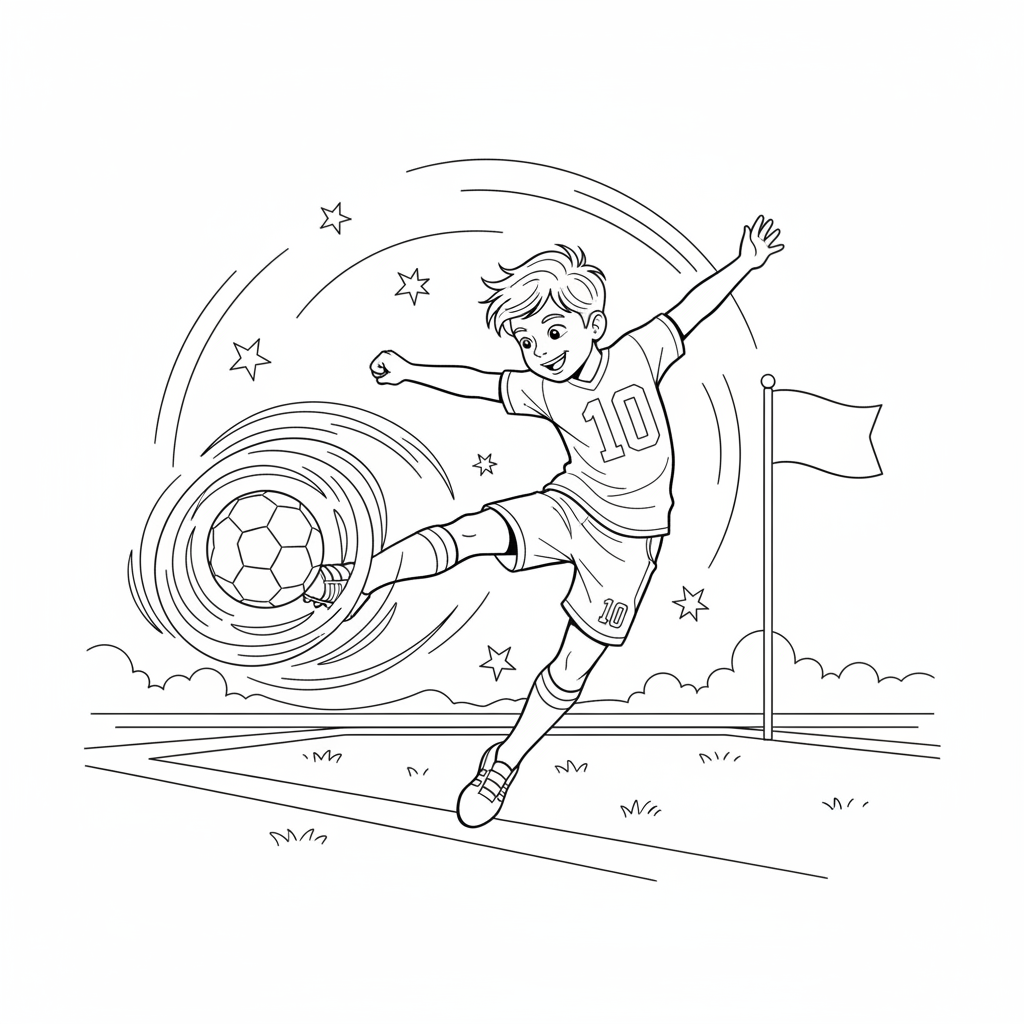 Line art of a kid showing off powerful soccer skills with a strong kick.