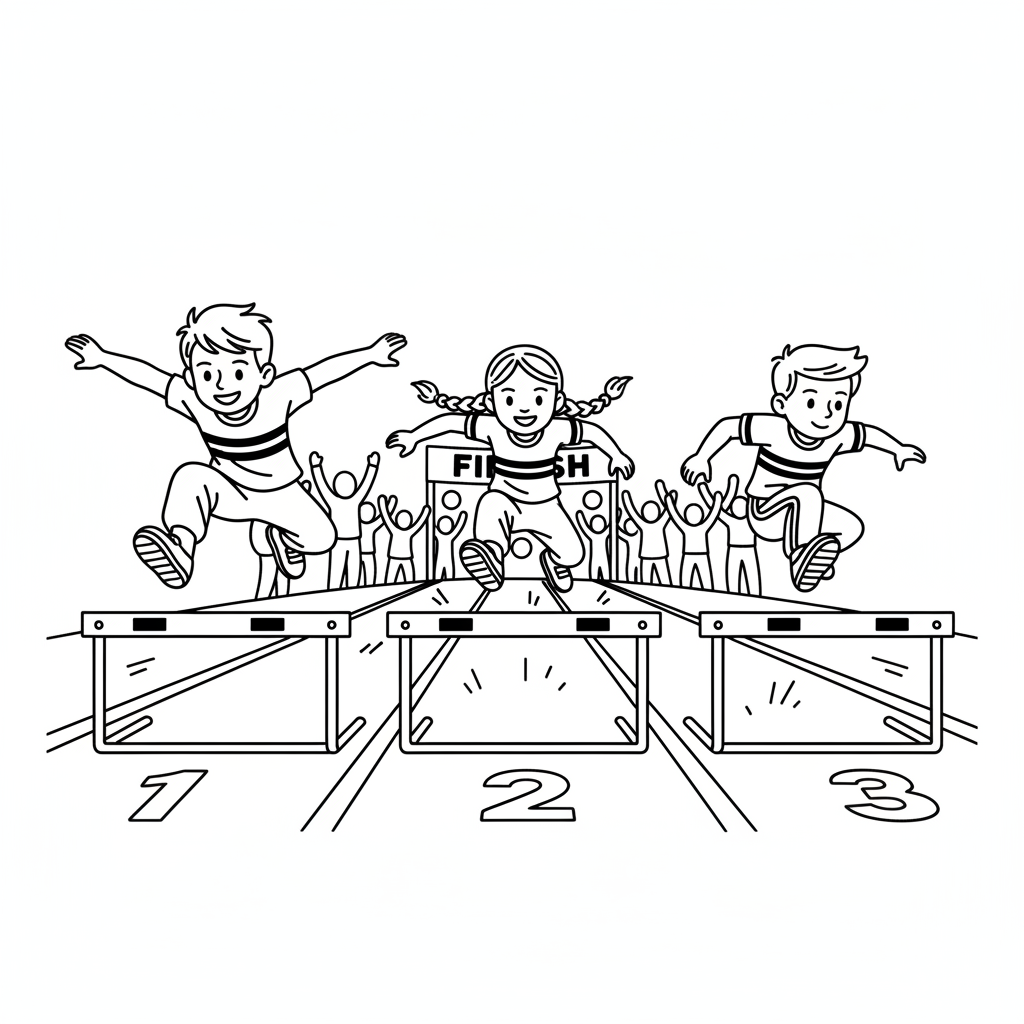 Black and white line art of three kids participating in a hurdle race during an athletics day event.