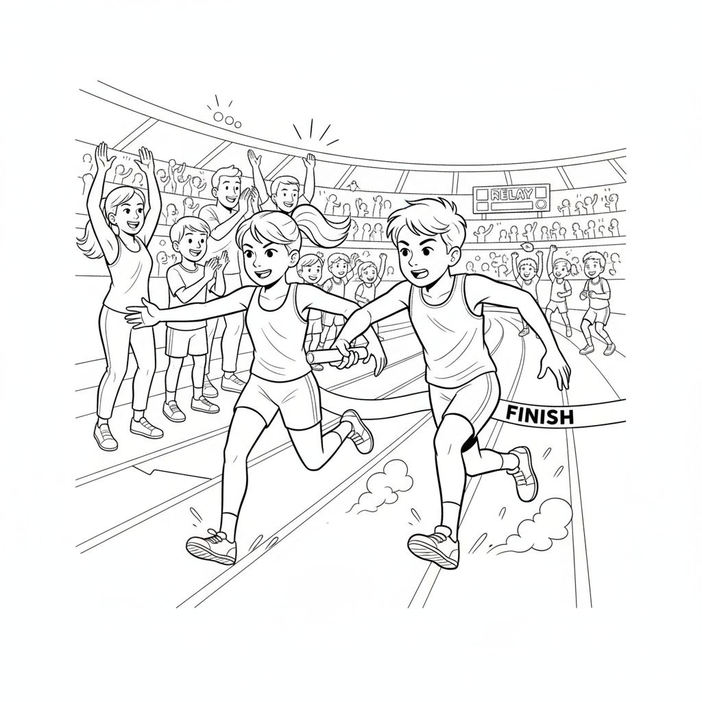 Line art of kids in an athletics relay, sprinting to a finish line with cheering teammates and coaches