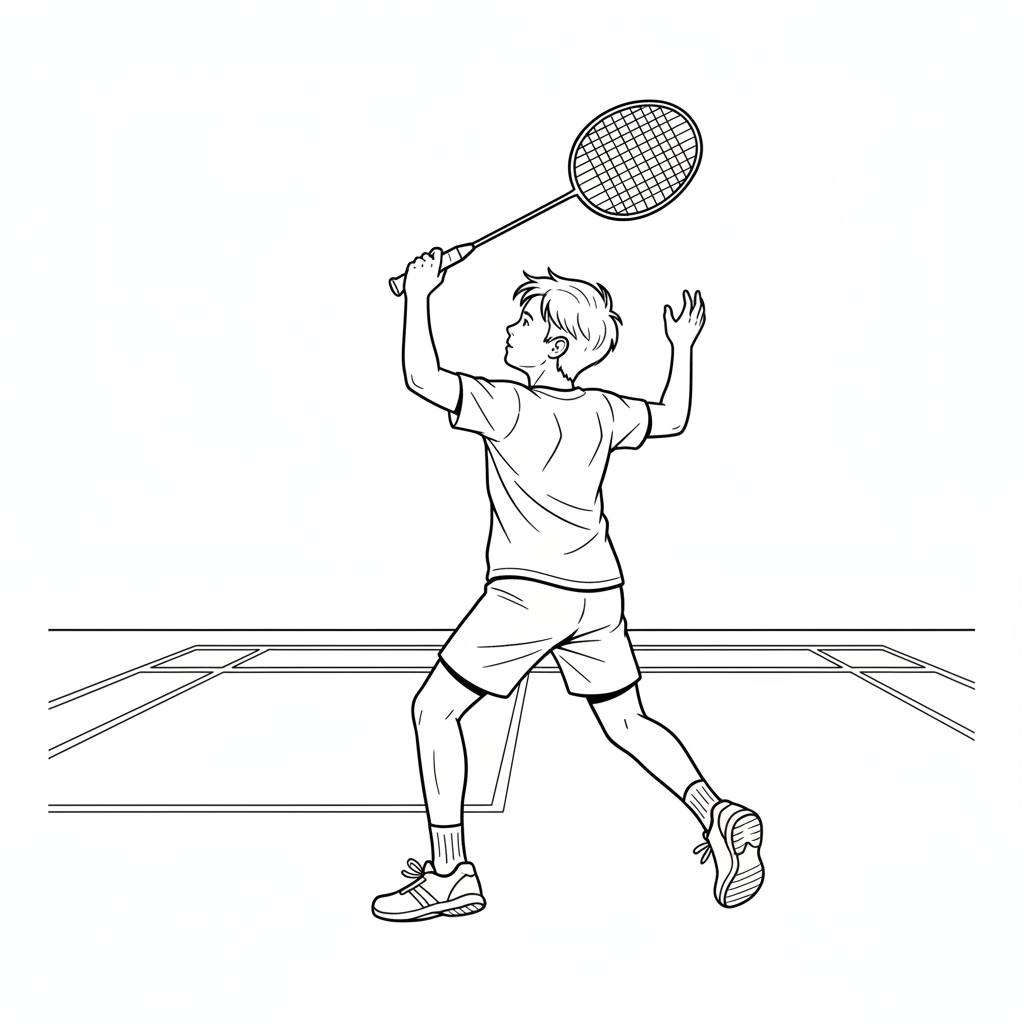 Black and white line art of a child practicing footwork for backcourt clear shots in badminton.