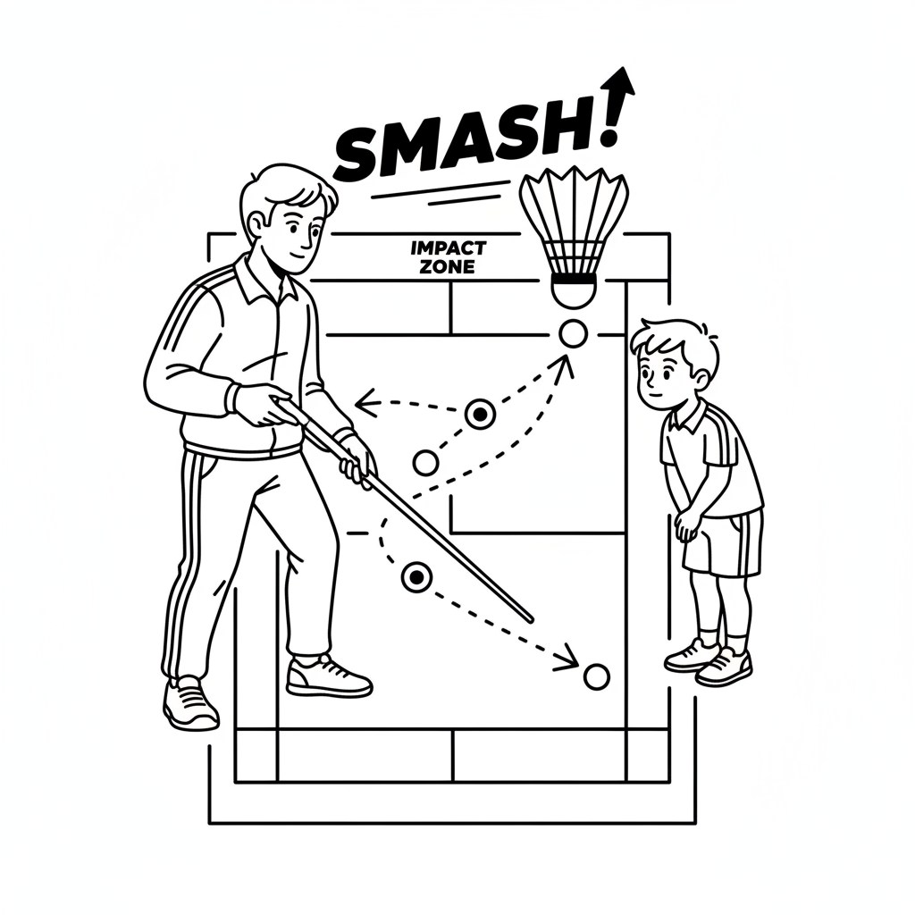 Line art of a coach explaining badminton court positioning for a smash to a child.