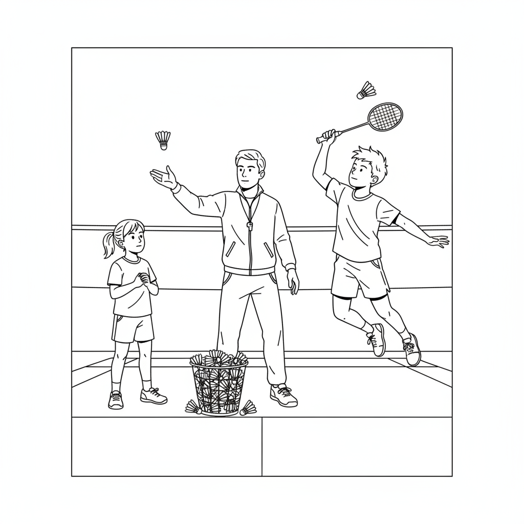 Line art of a badminton coach feeding shuttlecocks to children for smash practice.