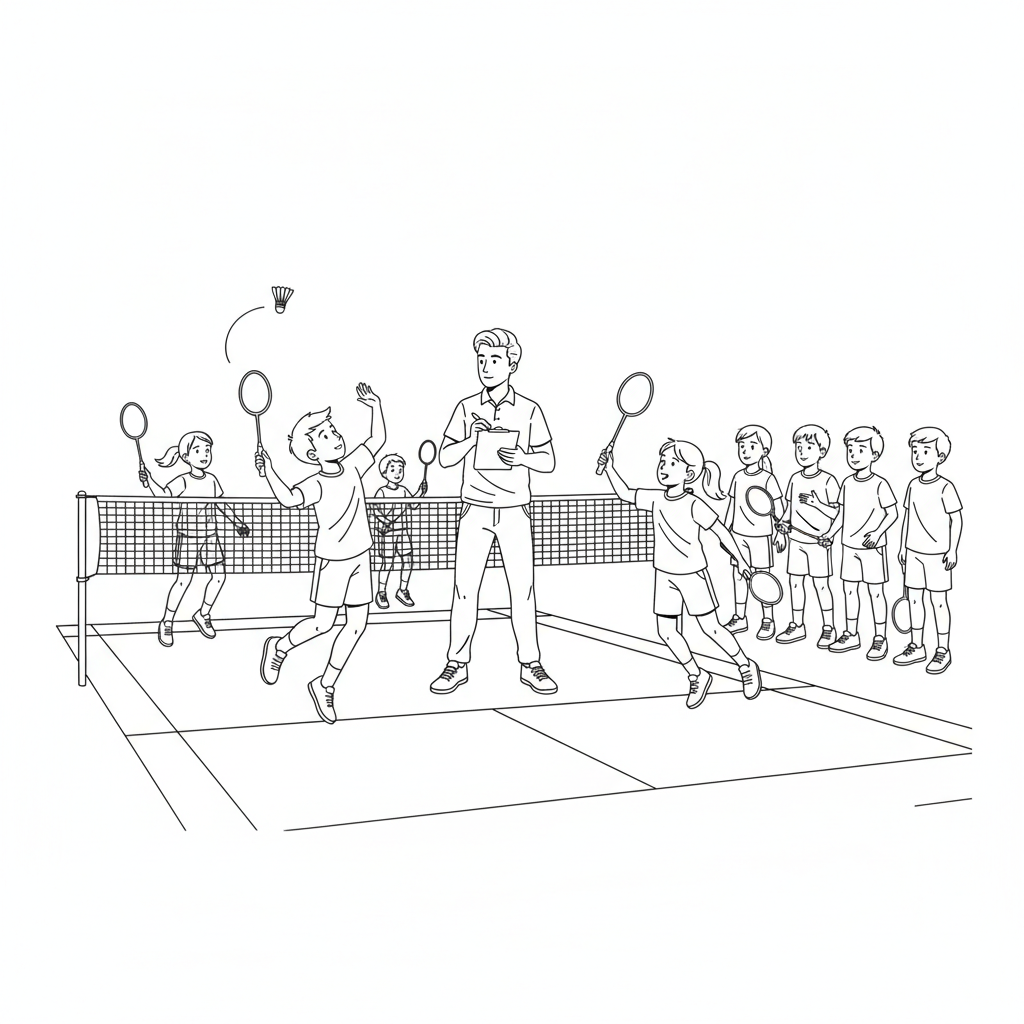 Line art of a coach observing multiple children's badminton smashes during training.