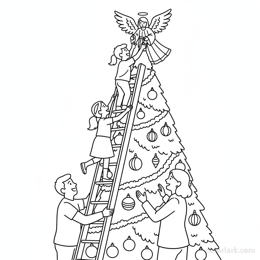 Line art of kids climbing a ladder to decorate the top of a grand Christmas tree with family.