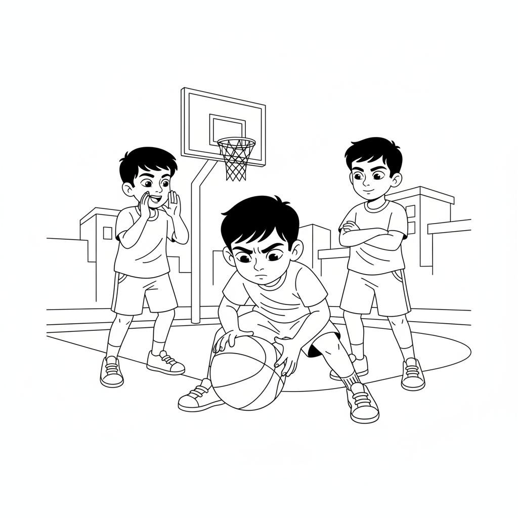 Line art of Indian children concentrating on basketball play on a street, with two friends cheering quietly.