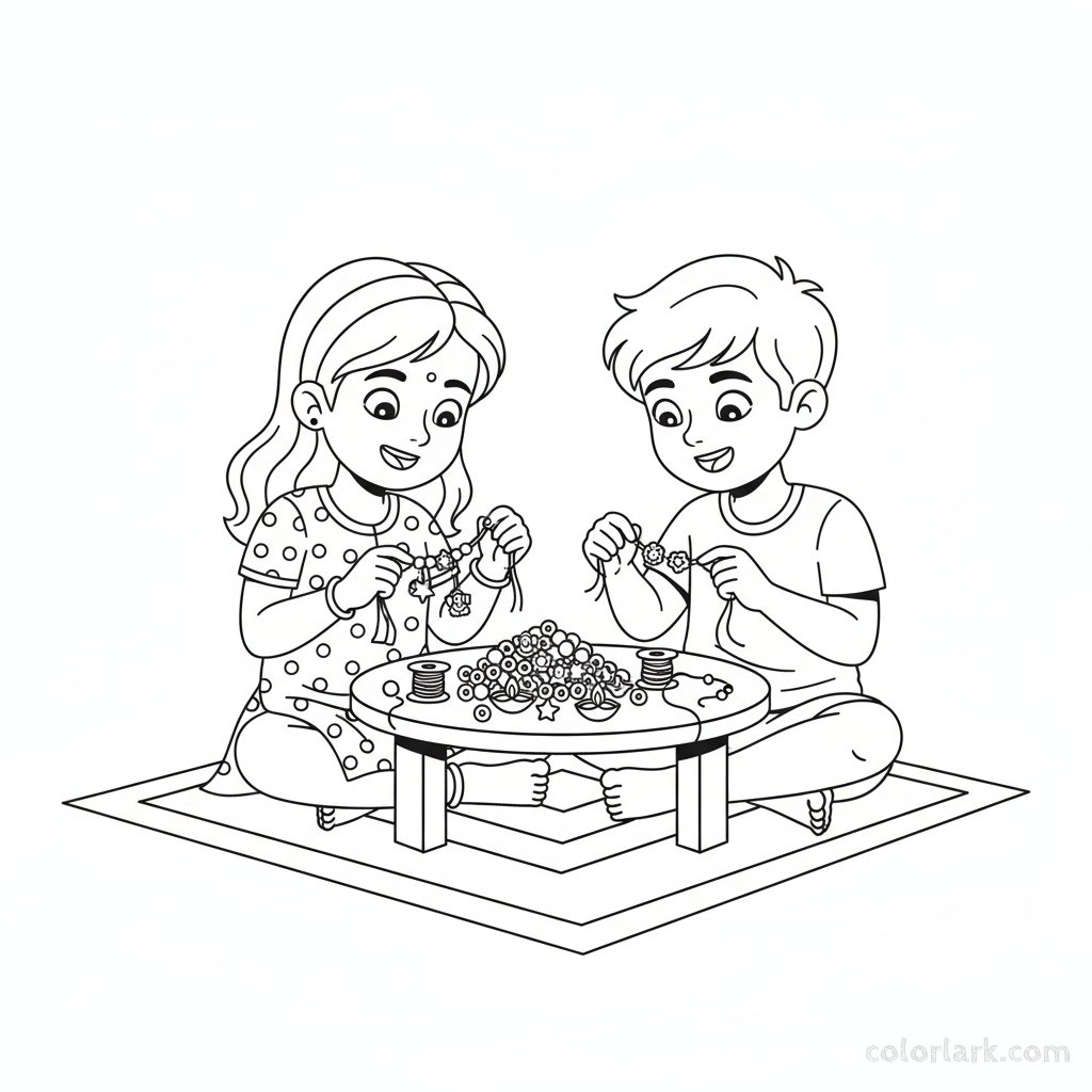 Children crafting friendship bracelets with Diwali charms and beads, focused and happy, black-and-white line art