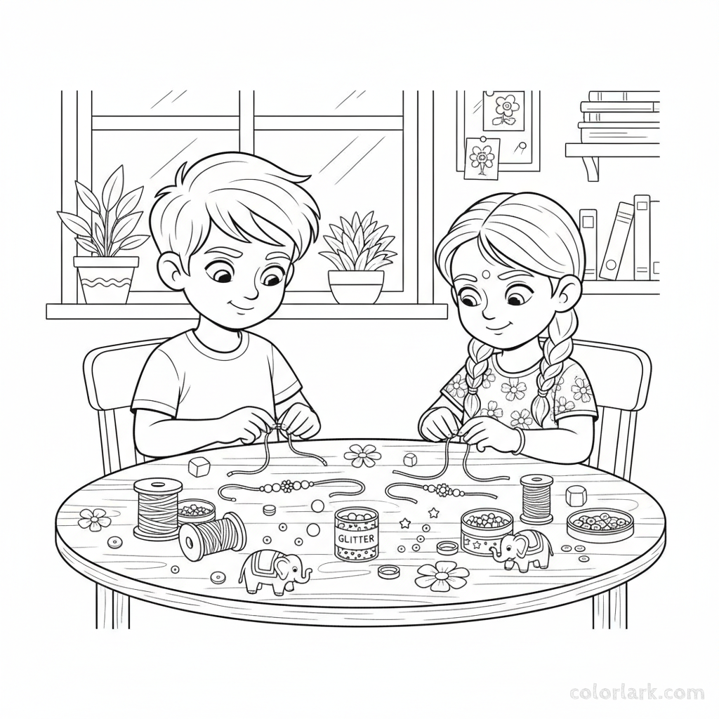 Line art of kids crafting handmade Rakhis with threads and beads