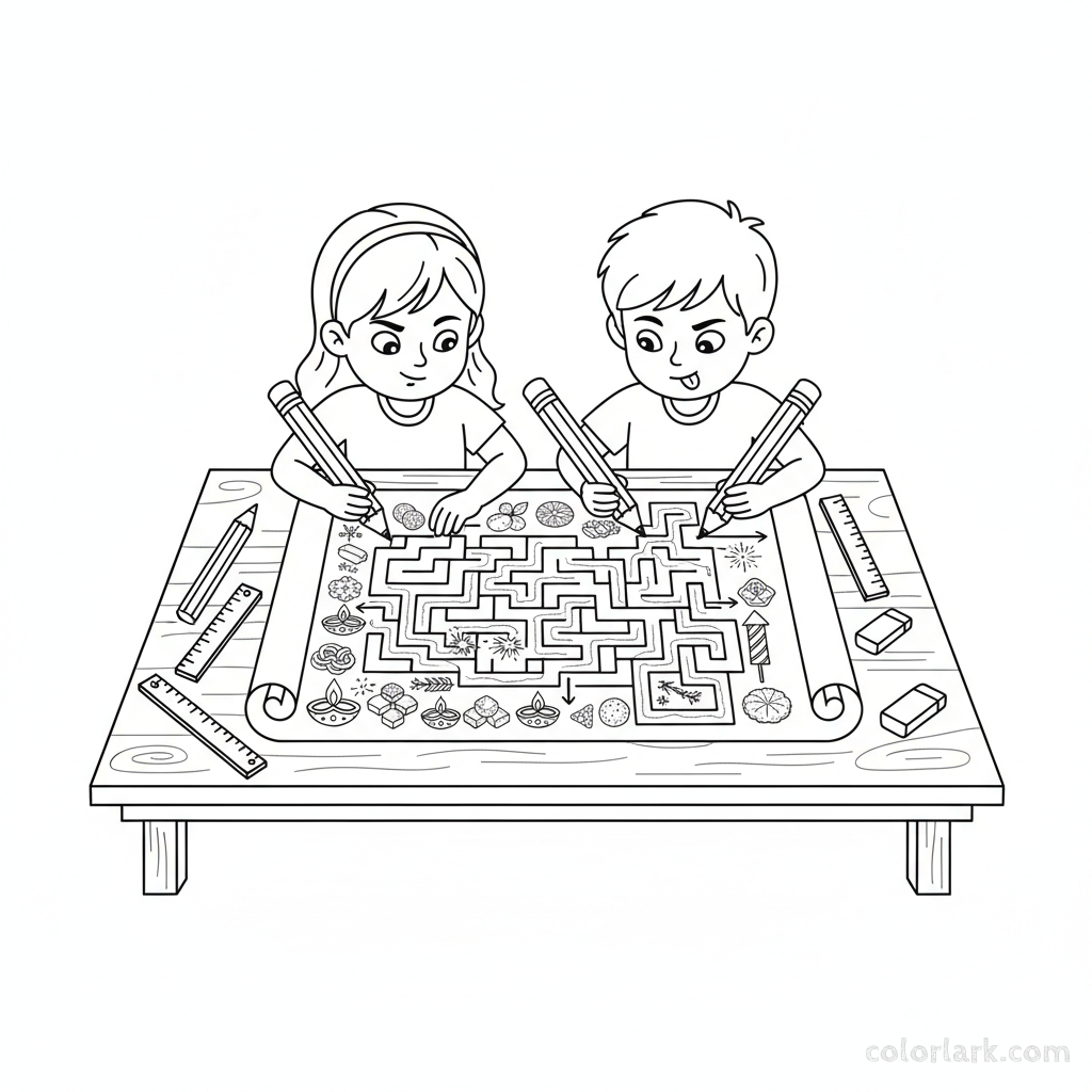 Children intently drawing a Diwali-themed maze or puzzle game on paper for friends, focused and creative, line art