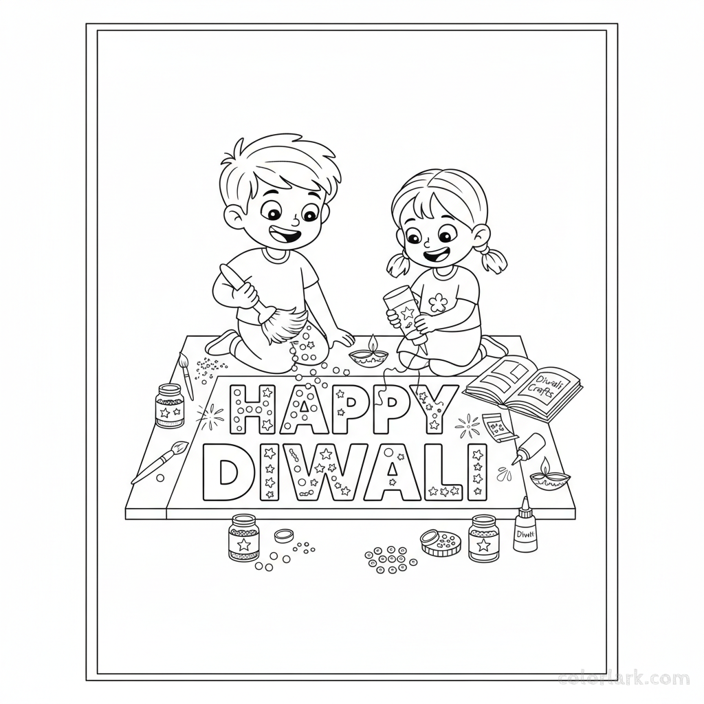 Children enthusiastically creating a 'Happy Diwali' banner with outlines of glitter and decorative elements, joyful, line art