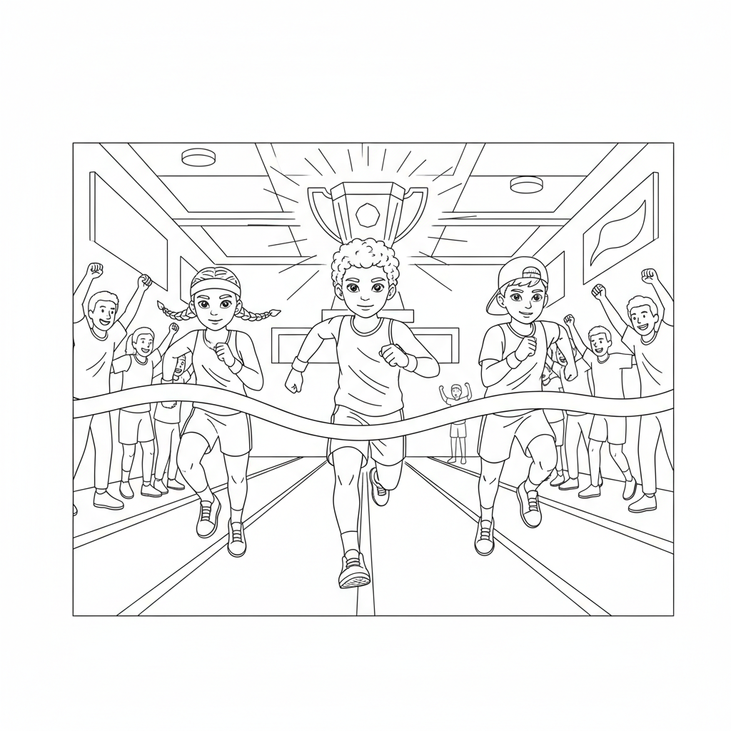 Line art of kids dashing to a finish line with a trophy in sight, cheered by a crowd